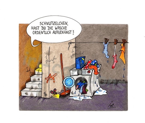 Cartoon: Arbeitsteilung (medium) by irlcartoons tagged arbeitsteilung,waschmaschine,keller,beziehung,ehealltag,miteinander,faulpelz,bequemlichkeit,haushalt,wäsche,waschen,gleichberechtigung,geschlechterrollen,kooperation,organisation,familie