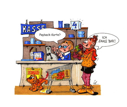 Cartoon: Bonuspunkte (medium) by irlcartoons tagged payback,bargeld,bargeldlos,cash,bonus,bonuspunkte,punkte,bonusprogramm,kundenkarte,real,rewe,drogeriemarkt,shoppen,einkaufen,supermarkt,kasse,kartenzahlung,prämie,kaufhof,sammeln,apollo,einkaufsgutschein,missverständnis,irlcartoons