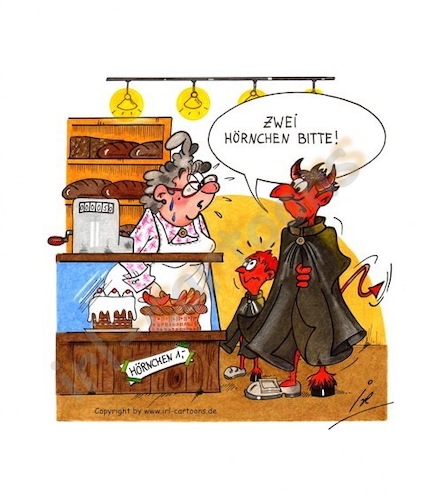 Cartoon: Butterhörnchen (medium) by irlcartoons tagged wortwitz,humor,bäcker,bäckerei,hörnchen,teufel,fasching,backwaren,süßwaren,buttehörnchen,croissant,frankreich,kuchen,junior,senior,verkauf,scherzartikel