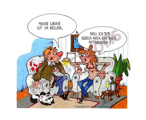 Cartoon: Gute Laune (medium) by irlcartoons tagged laune,miesepeter,wortwitz,irlcartoons,wohnzimmer,keller,redekunst,ehe,ehealltag,beziehung,love,gemütsstimmung,übellaunigkeit,bier,getränke,stimmungsaufheller,alkohol,gereiztheit