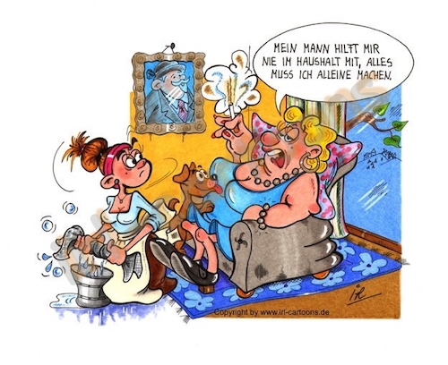 Cartoon: Haushaltshilfe (medium) by irlcartoons tagged haushalt,putzfrau,reinigungskraft,haushaltshilfe,arm,reich,schwarzarbeit,aushilfe,aushilfsjob,job,wohnung,hausfrau,hausmädchen,faulheit,ehe,ehealltag,selbstmitleid,arbeit,stelle,zweiklassengesellschaft,wirtschaftsmerkmale,grundversicherung,zusatzverdienst,wertvorstellung,mittelschicht,krise,ehekrise,arbeitgeber,arbeitnehmer,prinzessin,bequemlichkeit