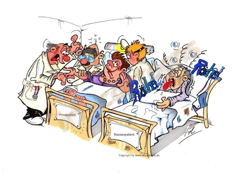 Cartoon: Krankenversicherung (medium) by irlcartoons tagged gesundheitssystem,sozialhilfe,armut,zusatzversicherung,ergo,behandlung,arztwahl,wartezeit,mitglied,gkv,vorrang,tarif,kosten,kostenvergleich,pflege,arztrechnung,klinikaufenthalt,privatkunde,uniklinik,gesetzgeber,pkv,rechnungen,krankenversicherung,versicherung,leistungen,techniker,service,krankenkasse,privatpatient,kassenpatient,gesundheit,zweiklassengesellschaft,krankenhaus,aok,barmer,siemens,ärzte