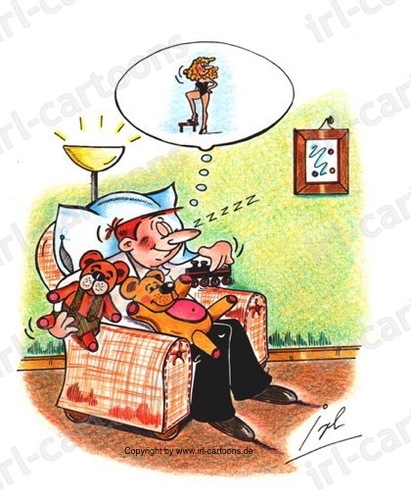 Cartoon: Peter Pan-Syndrom (medium) by irlcartoons tagged spielsachen,spiele,eisenbahn,frau,women,kind,spieltrieb,rollenkonflikt,narzissmus,gefühle,kindheit,männerphänomen,peterpan,teddy,träume,gedanken,wunschdenken