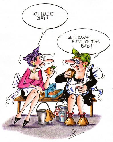 Cartoon: Sprachprobleme (medium) by irlcartoons tagged cartoons,irl,schlank,schmal,fett,dünn,dick,figur,bikinifigur,dreck,sauber,hygiene,putzfrau,ausland,sprachprobleme,sprache,frühstück,mittagspause,pause,bad,beruf,reinigungsfirma,reinigungskraft,putzen,brigittediät,fitness,satt,hunger,abnehmen,diät