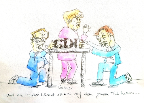 Cartoon: Und die Mutter blicket stumm ... (medium) by 10e tagged laschet,söder,kanzlerkandidat,cdu,merkel