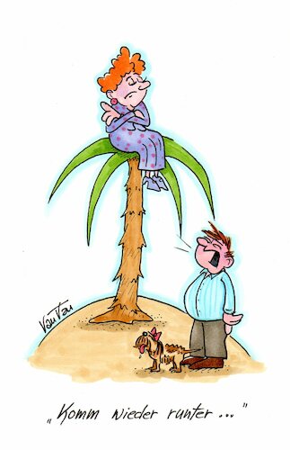 Cartoon: Auf die Palme gebracht (medium) by vauvau tagged paar,palme,mann,frau,runterkommen,insel