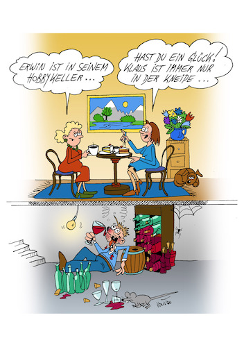 Cartoon: Hobbykeller (medium) by vauvau tagged ehe,hobby,hobbykeller,mann,freundin,kaffeeklatsch