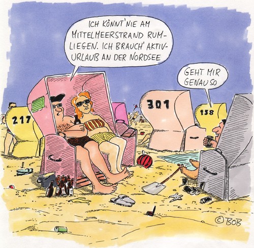 Cartoon: Aber hallo. (medium) by Christian BOB Born tagged urlaub,bier,rumhängen,strand,mittelmeer,nordsee,strandkorb,aktivurlaub