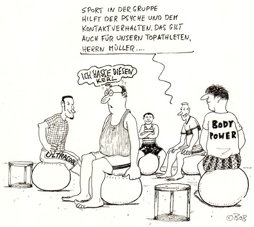 Cartoon: Echt gemein (medium) by Christian BOB Born tagged gymnastik,gruppe,sportlich,unsportlich,angeber,gymnastik,gruppe,sportlich,unsportlich,angeber,gymnastikball,ball,bewegung,körper,fitness