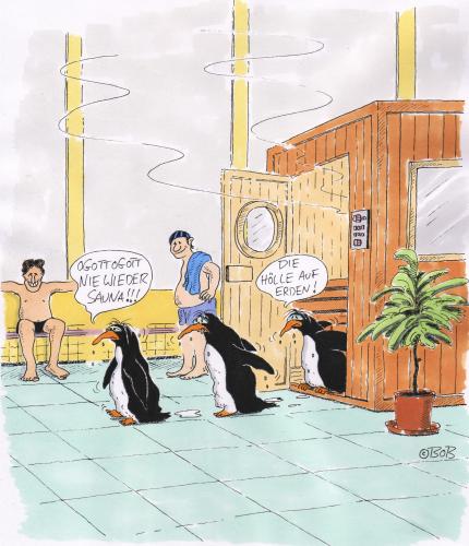 Cartoon: Hölle auf Erden (medium) by Christian BOB Born tagged sauna,abhärtung,pinguine,hitze,kälte,fußpilz,pinguin,pinguine,vogel,vögel,tier,tiere,warm,wärme,arktis,kalt,kälte,temperaturen,temperatur,lebensraum,sauna,hitze,abhärtung,schwimmbad