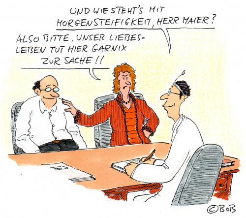 Cartoon: Morgensteifigkeit (medium) by Christian BOB Born tagged arzt,patient,rheuma,arzt,doktor,patient,praxis,gesundheit,krankheit,untersuchung,wohlbefinden,steif,steifheit,rheuma,beschwerden,krank,sex,sexualität,potenz,impotenz,impotent,erektion,probleme,partnerschaft,ehepaar,ehe,beziehung