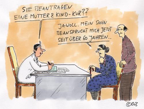 Cartoon: Mutter-Kind-Kur (medium) by Christian BOB Born tagged söhne,mütter,mutter,kind,kinder,eltern,sohn,familie,doktor,arzt,praxis,patient,kur,beantragen,erziehung,gesellschaft,selbstständigkeit,gesundheit,stress,belastung,söhne,mütter