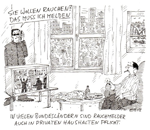 Cartoon: ohne titel (medium) by Christian BOB Born tagged rauchen,zigaretten,daheim,wohnzimmer,tv,rauchmelder,spion,denunziant,gesundheit,rauchen,zigaretten,daheim,wohnzimmer,tv,rauchmelder,spion,denunziant,gesundheit,rauchverbot