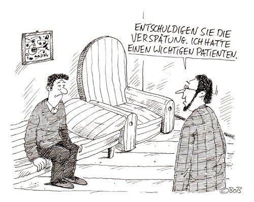 Cartoon: Verspätung (medium) by Christian BOB Born tagged analytiker,psychiater,patient,geduld,couch,wichtig,unwichtig,analytiker,psychiater,patient,geduld,wichtig,unwichtig,psyche,psychologie,arzt,gesundheit,geist