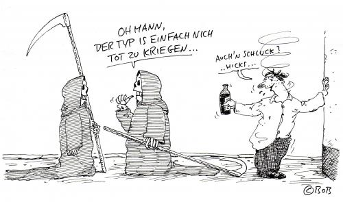 Cartoon: Wird schon ... (medium) by Christian BOB Born tagged tod,saufen,drogen,keith,richards,tod,sterben,jenseits,leben,zeit,sensenmann,sense,existenz,alkohol,betrunken,job,arbeit,tot,rausch,drogen,alkoholiker,saufen,sucht,abhängigkeit,krankheit