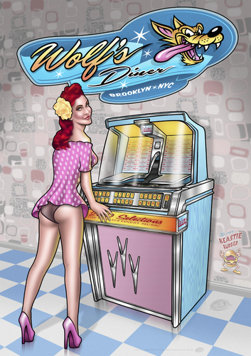 Cartoon: Jukebox Girl (medium) by elle62 tagged pinup,diner,wolf