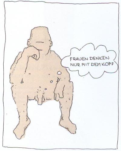 Cartoon: Frauen denken nur mit dem Kopf (medium) by hollers tagged frau,mann,frau,mann,frauen,männer,beziehung,geschlecht,geschlechter,penis,genitalien,geschlechtsorgan,geschlechtsteil,sexualität,natur,menschen,mensch,intimbereich,intim,denken,nachdenken,verstand,kopf,gehirn,nackt,nacktheit,sitzen,grübeln,vorurteile,cliches