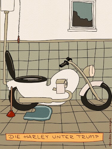 Cartoon: Harley under Trump (medium) by hollers tagged harley,davidson,trump,zölle,motorrad,europa,wc,klo,harley,davidson,trump,zölle,motorrad,europa,wc,klo