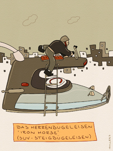 Cartoon: Herrenbügeleisen (medium) by hollers tagged bügeleisen,suv,autos,motorrad,iron,horse,männer,klima,umwelt,bügeleisen,suv,autos,motorrad,iron,horse,männer,klima,umwelt