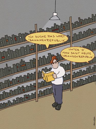 Cartoon: Wortfindungsstörungen (medium) by hollers tagged bananenrepublik,usa,trump,korruption,demokratie,system,wortfindung,lexikon,bibliothek,orange,bananenrepublik,usa,trump,korruption,demokratie,system,wortfindung,lexikon,bibliothek,orange