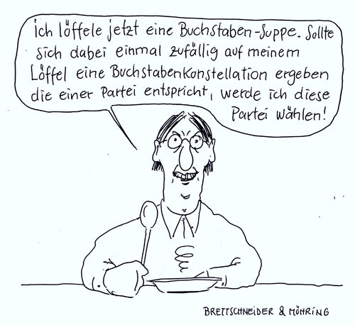 Cartoon: auswahl (medium) by brettschneider und möhring tagged bundestagswahl,parteien,unentschlossene,wähler,buchstabensuppe,cartoon,karikatur,brettschneider,und,möhring