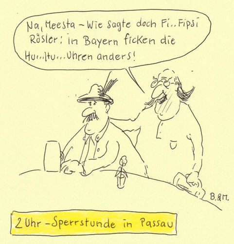 Cartoon: bayernuhr (medium) by brettschneider und möhring tagged bayern,bayernwahl,besonderheit,philipp,fipsi,rösler,fdp,kneipe,passau,sperrstunde,kneipenschluss,cartoon,karikatur,brettschneider,und,möhring