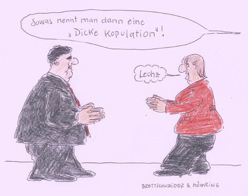 Cartoon: große koalition (medium) by brettschneider und möhring tagged bundestagswahlen,koalitionsbildung,spd,cdu,csu,koalitionspartner,sigmar,gabriel,angela,merkel,bundeskanzlerin,cartoon,karikatur,brettschneider,und,möhring