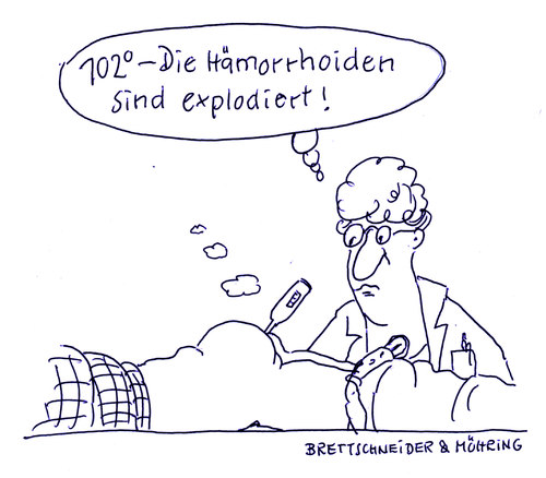 Cartoon: hämorrhoiden (medium) by brettschneider und möhring tagged hämorrhoiden,fieberthermometer,temperaturmessung,ärztin,explosion,cartoon,karikatur,brettschneider,und,möhring