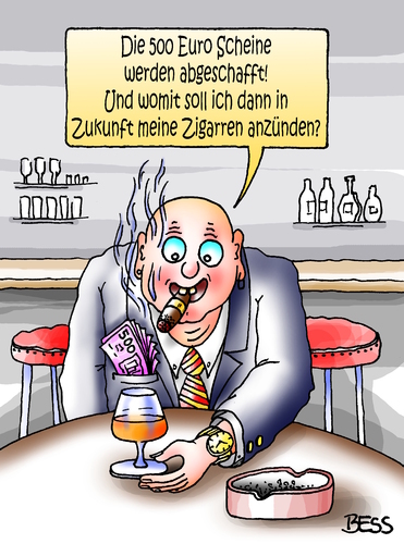 Cartoon: 500 Euro Scheine (medium) by besscartoon tagged mann,500,euro,scheine,abschaffung,banknote,geldschein,geld,zigarren,bess,besscartoon