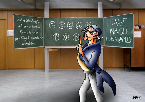 Cartoon: Abschaffung der Schreibschrift (medium) by besscartoon tagged schreibschrift,abschaffung,auswanderung,finnland,schule,unterricht,lernen,pädagogik,erziehung,hauptschule,realschule,gemeinschaftsschule,werkrealschule,gymnasium,lehrer,pauker,bess,besscartoon