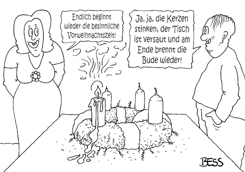 Cartoon: Advent (medium) by besscartoon tagged weihnachten,advent,vorweihnachtszeit,adventskranz,fest,mann,frau,paar,ehe,beziehung,besinnlich,kerzen,stinken,bude,brennt,bess,besscartoon