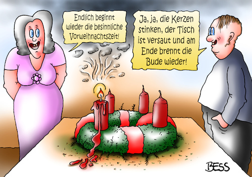 Cartoon: Advent (medium) by besscartoon tagged weihnachten,advent,vorweihnachtszeit,adventskranz,fest,besinnlich,kerzen,mann,frau,paar,ehe,beziehung,stinken,bude,brennt,bess,besscartoon