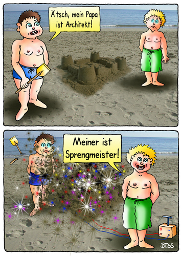 Cartoon: Ätsch (medium) by besscartoon tagged kinder,spiel,strand,meer,sandburg,architekt,sprengen,sprengmeister,bauen,bess,besscartoon