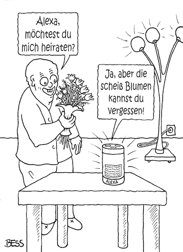 Cartoon: Alexa (medium) by besscartoon tagged mann,digitalisierung,amazon,technik,internet,blumen,liebe,beziehung,ehe,heiraten,sprachsteuerung,bess,besscartoon