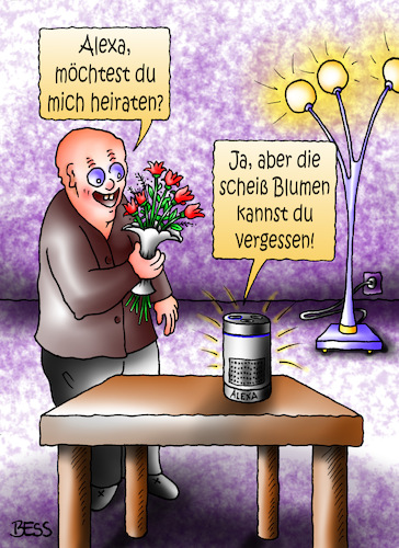 Cartoon: Alexa (medium) by besscartoon tagged mann,digitalisierung,amazon,technik,internet,blumen,liebe,beziehung,ehe,heiraten,sprachsteuerung,bess,besscartoon