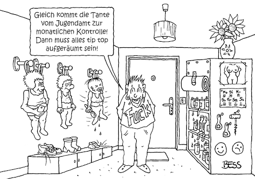 Cartoon: alleinerziehend (medium) by besscartoon tagged mann,vater,kinder,jugendamt,kontrolle,ordnung,sauberkeit,bier,alkohol,tante,bess,besscartoon