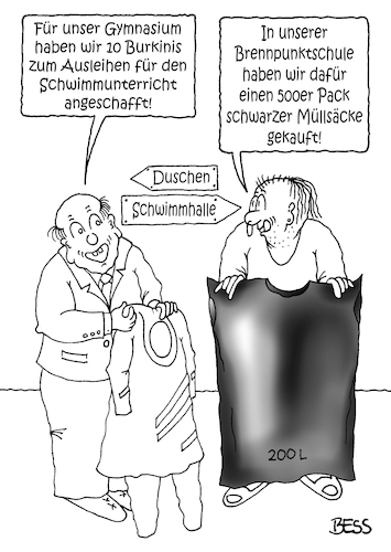 Cartoon: Alternative (medium) by besscartoon tagged pädagogik,schule,lehrer,gymnasium,brennpunktschule,burkini,müllsack,islam,schwimmen,schwimmhalle,religion,bess,besscartoon