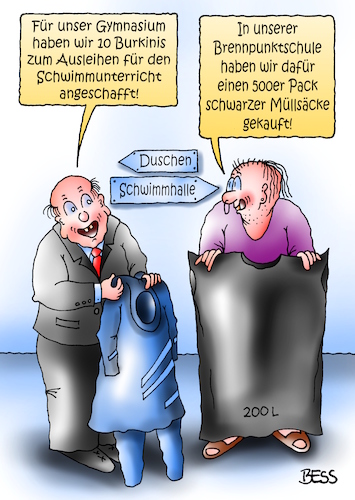 Cartoon: Alternative (medium) by besscartoon tagged pädagogik,schule,lehrer,gymnasium,brennpunktschule,burkini,müllsack,islam,schwimmen,schwimmhalle,religion,bess,besscartoon