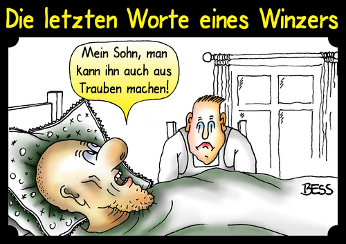 Cartoon: altersweiser Rat (medium) by besscartoon tagged winzer,wein,letzte,worte,trauben,alt,alter,sohn,weinbau,natur,künstlich,glykol,bescheissen,beschiss,bess,besscartoon