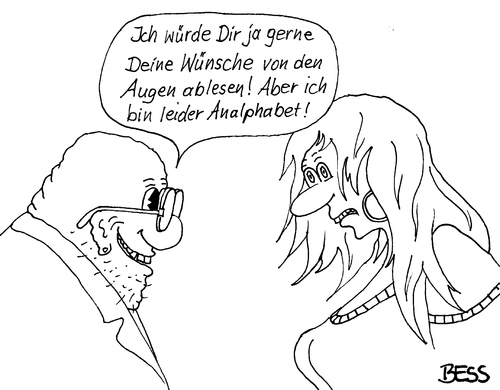 Cartoon: Analphabetismus (medium) by besscartoon tagged besscartoon,bess,konsum,kaufen,liebe,beziehung,augen,wünsche,schuhe,paar,lesen,frau,mann,analphabet