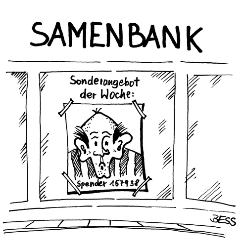 Cartoon: Angebot der Woche (medium) by besscartoon tagged samenbank,samen,spernma,samenspende,spender,sonderangebot,angebot,befruchtung,schwangerschaft,bess,besscartoon