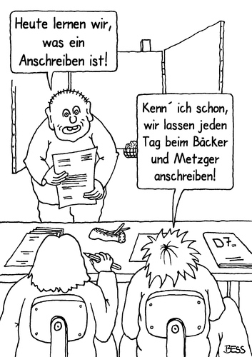 Cartoon: Anschreiben (medium) by besscartoon tagged anschreiben,bäcker,metzger,schule,pädagogik,erziehung,lernen,lehrer,pauker,schüler,realschule,hauptschule,werkrealschule,gemeinschaftsschule,gymnasium,lernbegleiter,bess,besscartoon