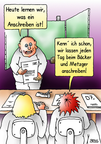 Cartoon: Anschreiben (medium) by besscartoon tagged anschreiben,bäcker,metzger,schule,pädagogik,erziehung,lernen,lehrer,pauker,schüler,realschule,hauptschule,werkrealschule,gemeinschaftsschule,gymnasium,lernbegleiter,bess,besscartoon