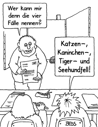 Cartoon: auf alle Fälle Felle (medium) by besscartoon tagged schule,pädagogik,deutsch,hauptschule,realschule,gemeinschaftsschule,werkrealschule,schüler,grammatik,gymnasium,lehrer,fälle,felle,bess,besscartoon