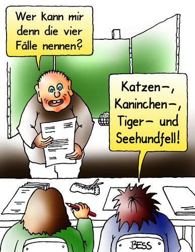 Cartoon: auf alle Fälle Felle (medium) by besscartoon tagged schule,pädagogik,deutsch,hauptschule,realschule,gemeinschaftsschule,werkrealschule,schüler,grammatik,gymnasium,lehrer,fälle,felle,bess,besscartoon