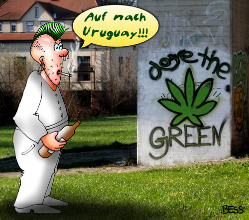 Cartoon: Auf nach Uruguay (medium) by besscartoon tagged drogen,gras,sucht,rauschmittel,marihuana,cannabis,thc,hanf,legal,illegal,mann,uruguay,bess,besscartoon