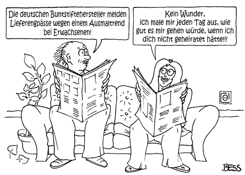 Cartoon: Ausmaltrend (medium) by besscartoon tagged stifte,heiraten,ehe,beziehung,paar,frau,mann,ausmalen,malen,malbuch,bundstifte,lieferengpass,bess,besscartoon