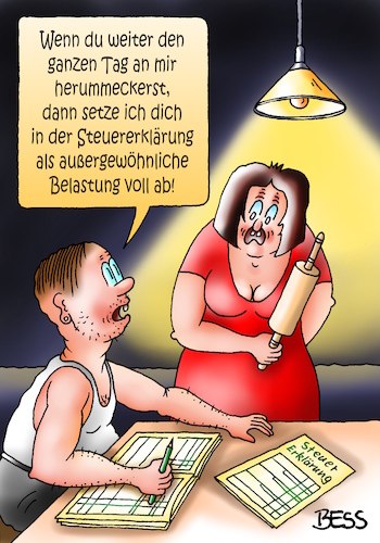 Cartoon: außergewöhnliche Belastung (medium) by besscartoon tagged paar,beziehung,ehe,ehekrach,mann,frau,meckern,steuer,steuererklärung,außergewöhnliche,belastung,absetzen,bess,besscartoon