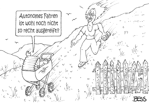 Cartoon: autonomes Fahren (medium) by besscartoon tagged auto,technik,digitalisierung,automobil,autonomes,fahren,kind,mutter,kinderwagen,bess,besscartoon