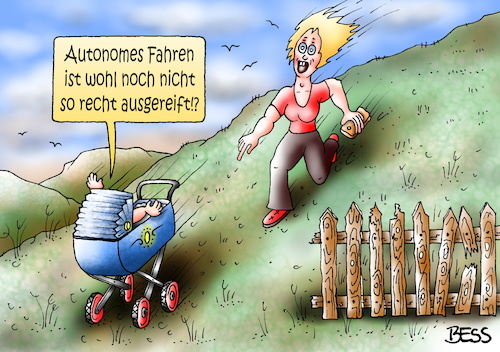 Cartoon: autonomes Fahren (medium) by besscartoon tagged auto,technik,digitalisierung,automobil,autonomes,fahren,kind,mutter,kinderwagen,bess,besscartoon